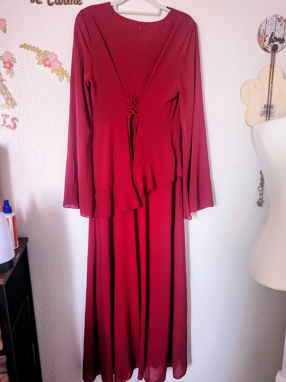 Burgundy Layered Look Lace Up Back Long Sleeve Maxi Dress L
